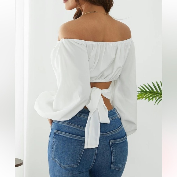 Women’s Plain Cut Out Tie Back Off Shoulder Top In White XL - Picture 3 of 13